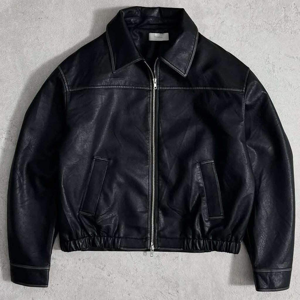 black leather (or faux-leather) bomber jacket
