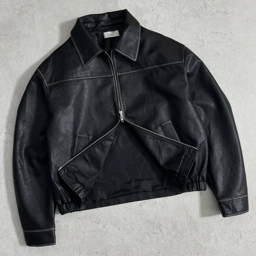 black leather (or faux-leather) bomber jacket