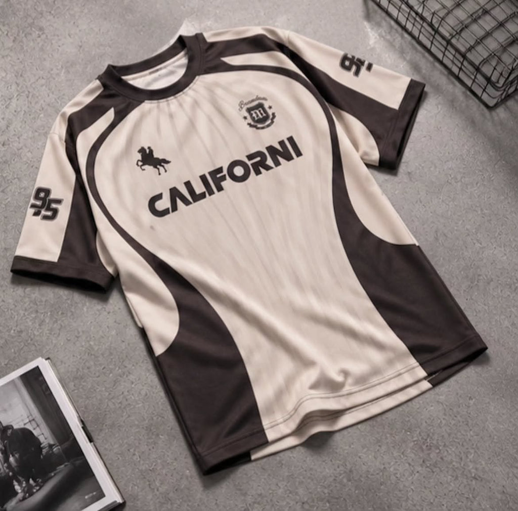 short-sleeved sports jersey or athletic t-shirt featuring a retro/motocross vibe