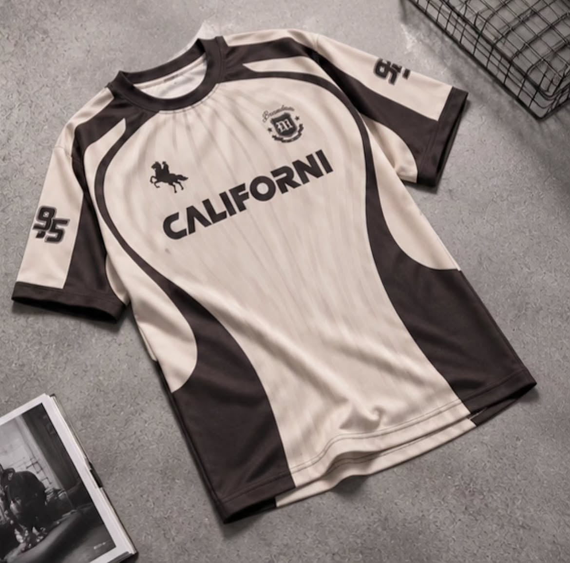 short-sleeved sports jersey or athletic t-shirt featuring a retro/motocross vibe