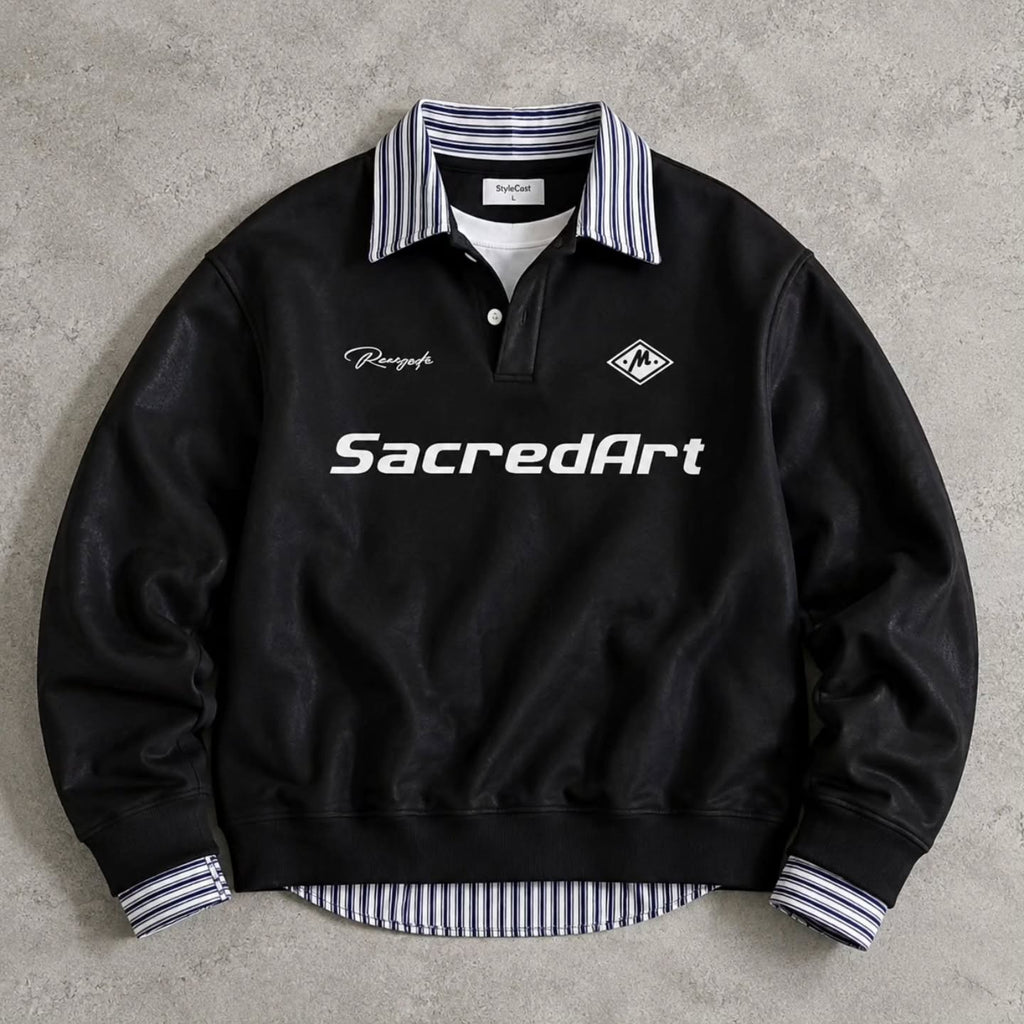 Black Retro Racing-Inspired Rugby Polo