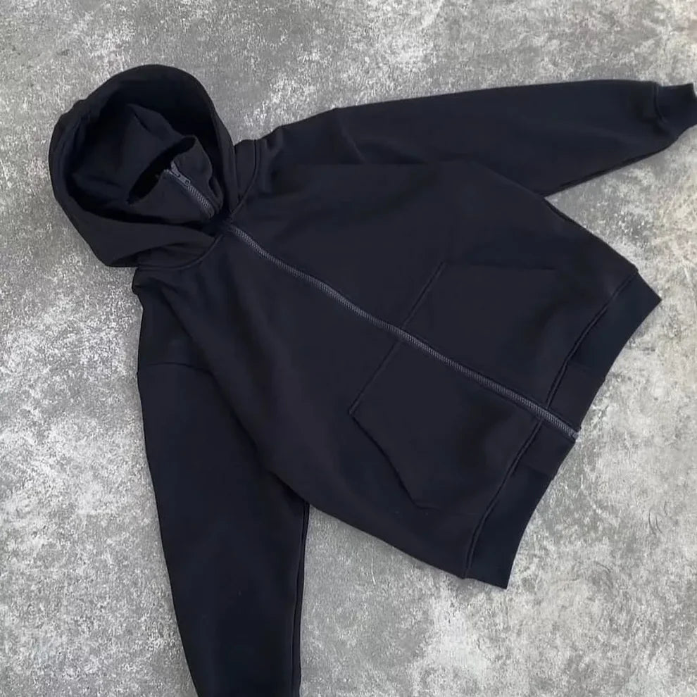 Premium Oversized Full-Zip Tactical Hoodie – Washed Black