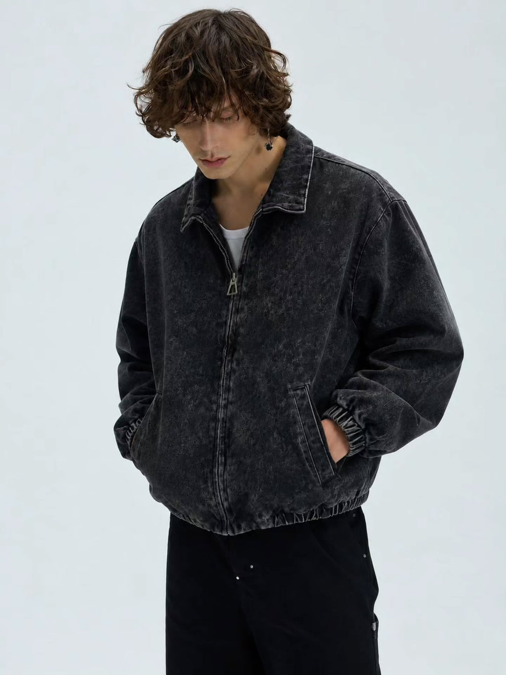 oversized washed black denim bomber jacket