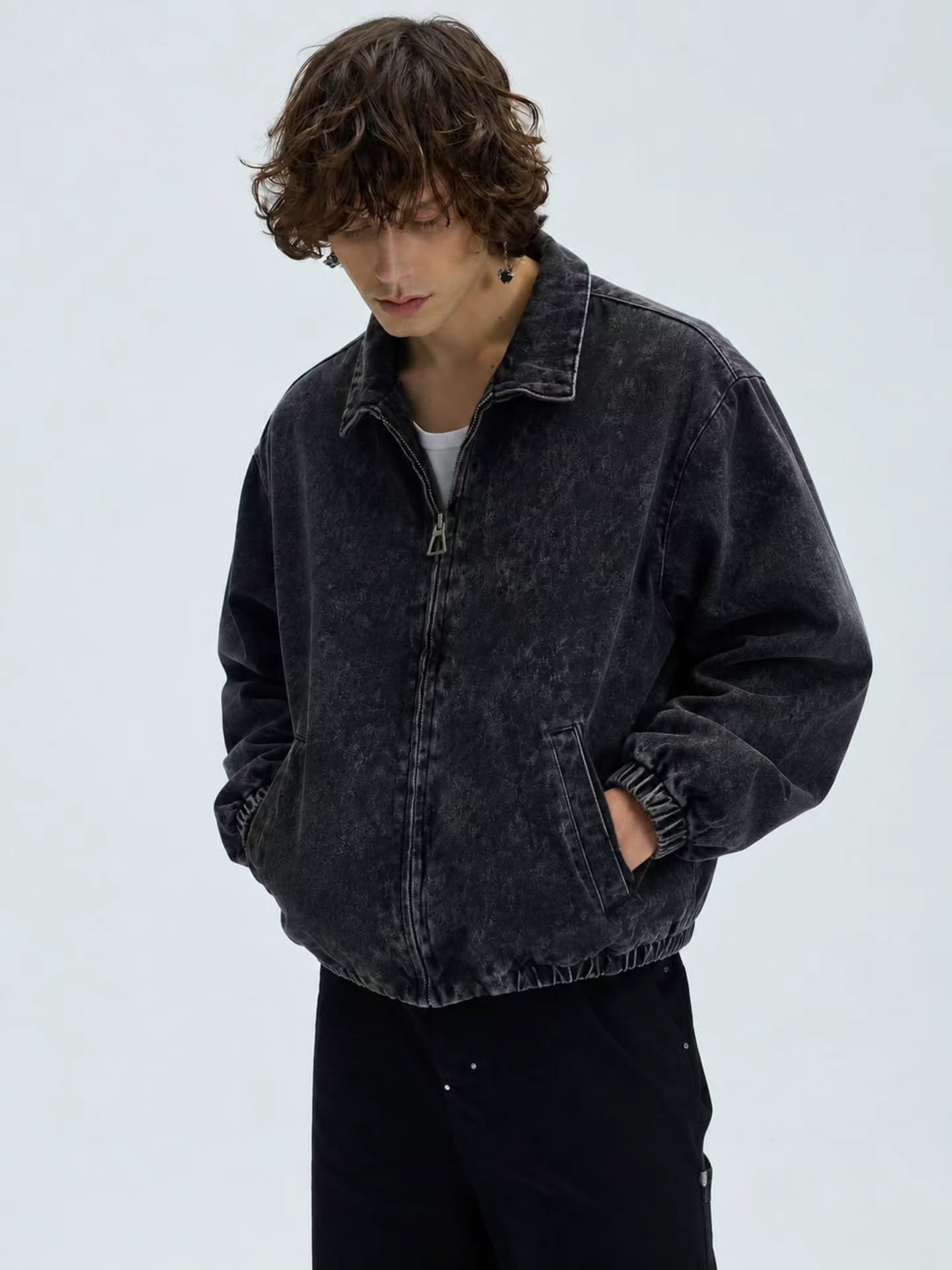 oversized washed black denim bomber jacket
