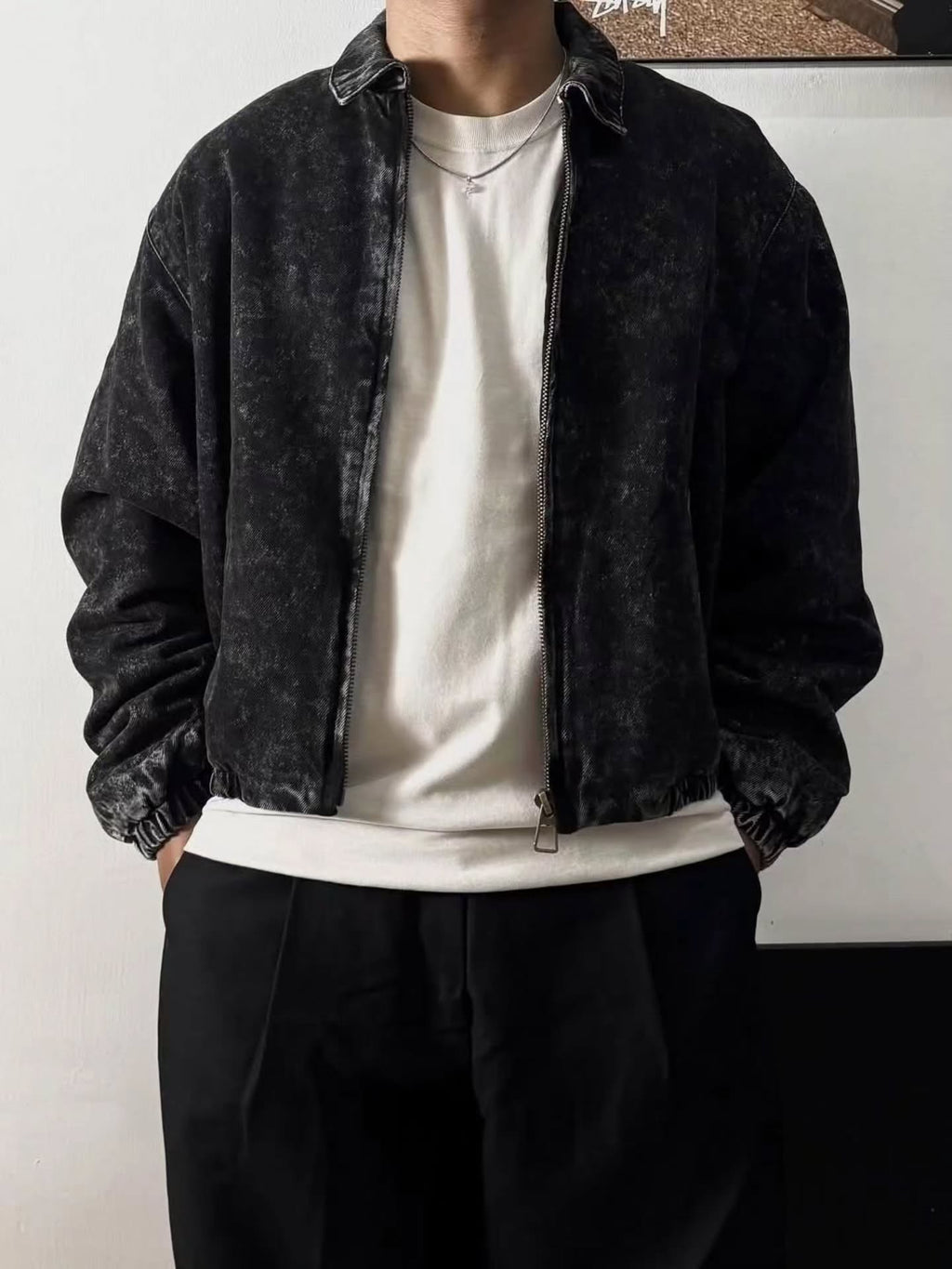 oversized washed black denim bomber jacket