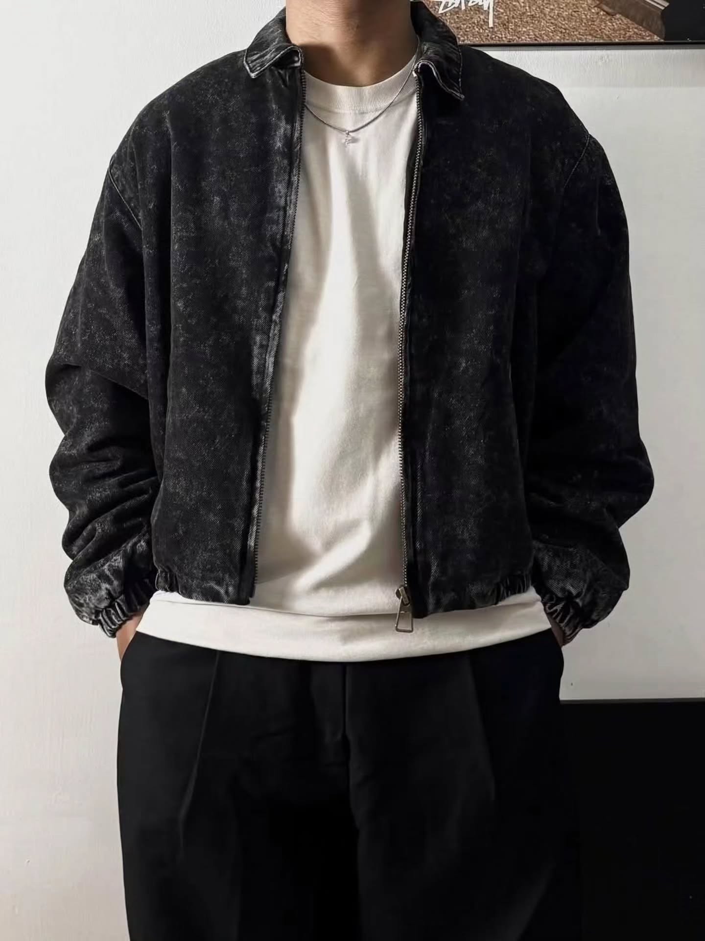 oversized washed black denim bomber jacket