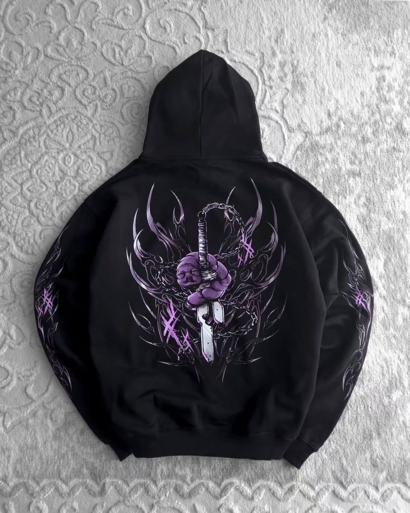 black pullover hoodie featuring an anime-inspired