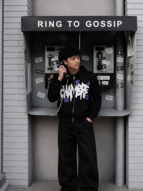 black full-zip hoodie featuring bold, 3D foam-printed