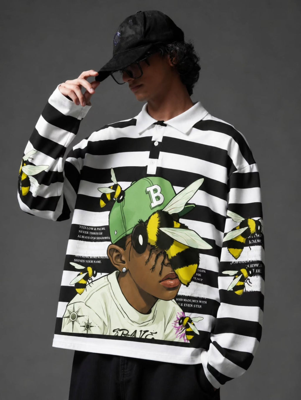 BEE VECTOR Striped Long-Sleeve Rugby Polo