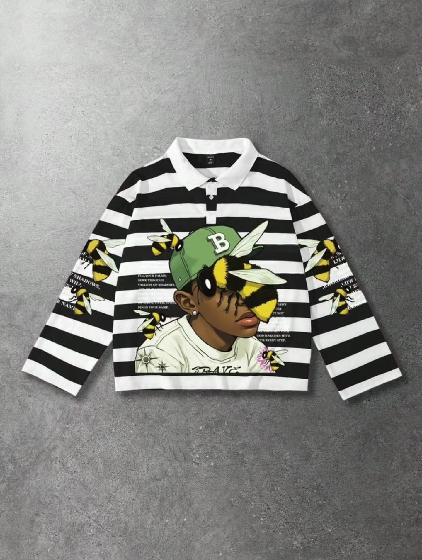 BEE VECTOR Striped Long-Sleeve Rugby Polo