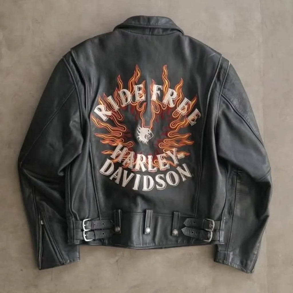 VINTAGE HARLEY-DAVIDSON "RIDE FREE" Flame Leather Biker Jacket