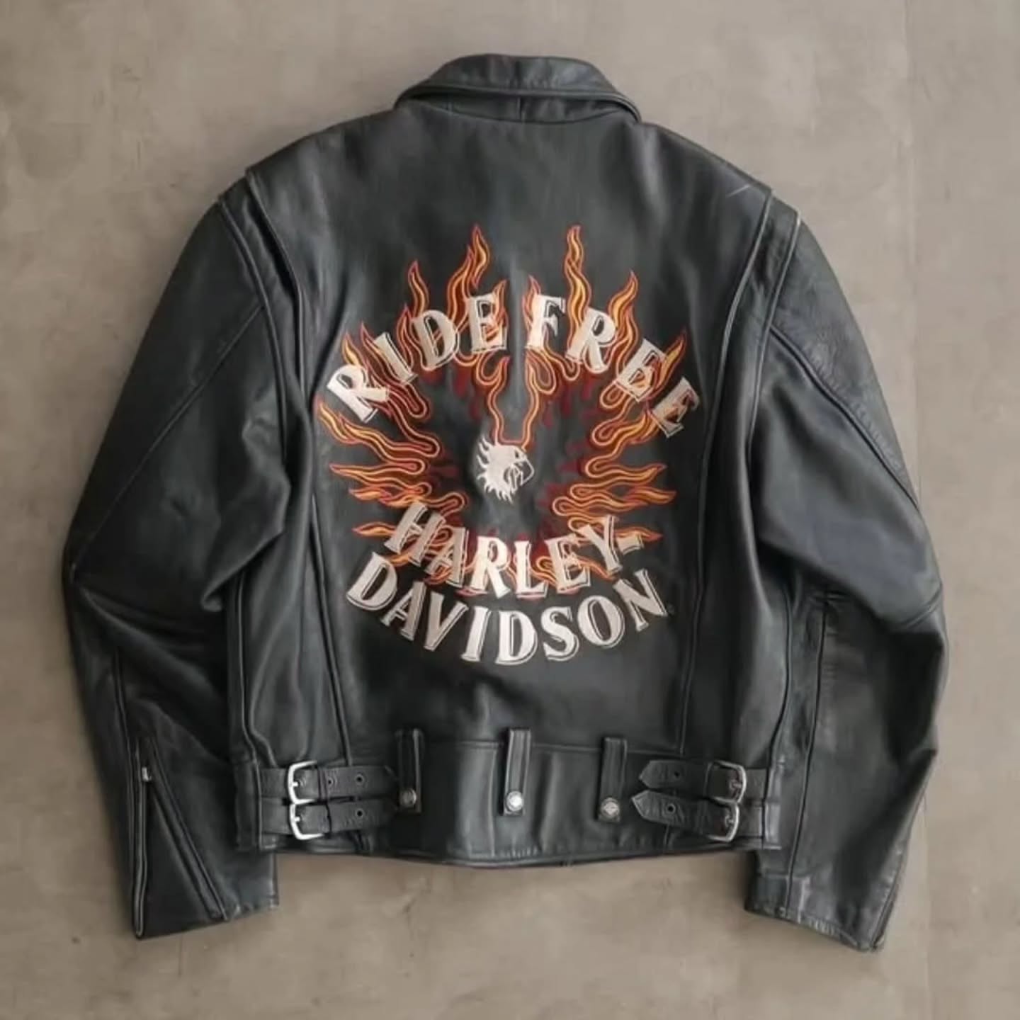 VINTAGE HARLEY-DAVIDSON "RIDE FREE" Flame Leather Biker Jacket